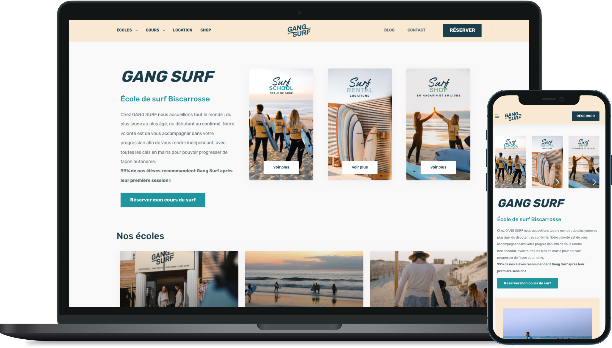Site web Gang Surf Biscarrosse réalisé par studio CGNI